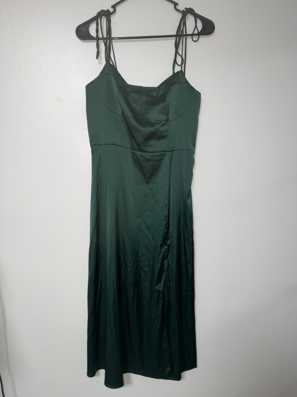 Elegant Forest Green Satin Midi Slip Dress with Tie Straps